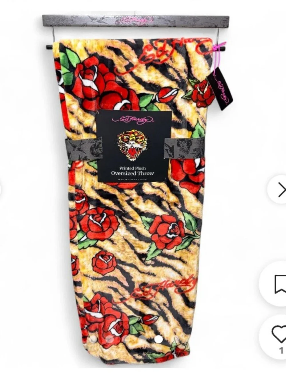 Ed Hardy  Iconic  Tiger-Print &Red RosePlush Throw🌹
